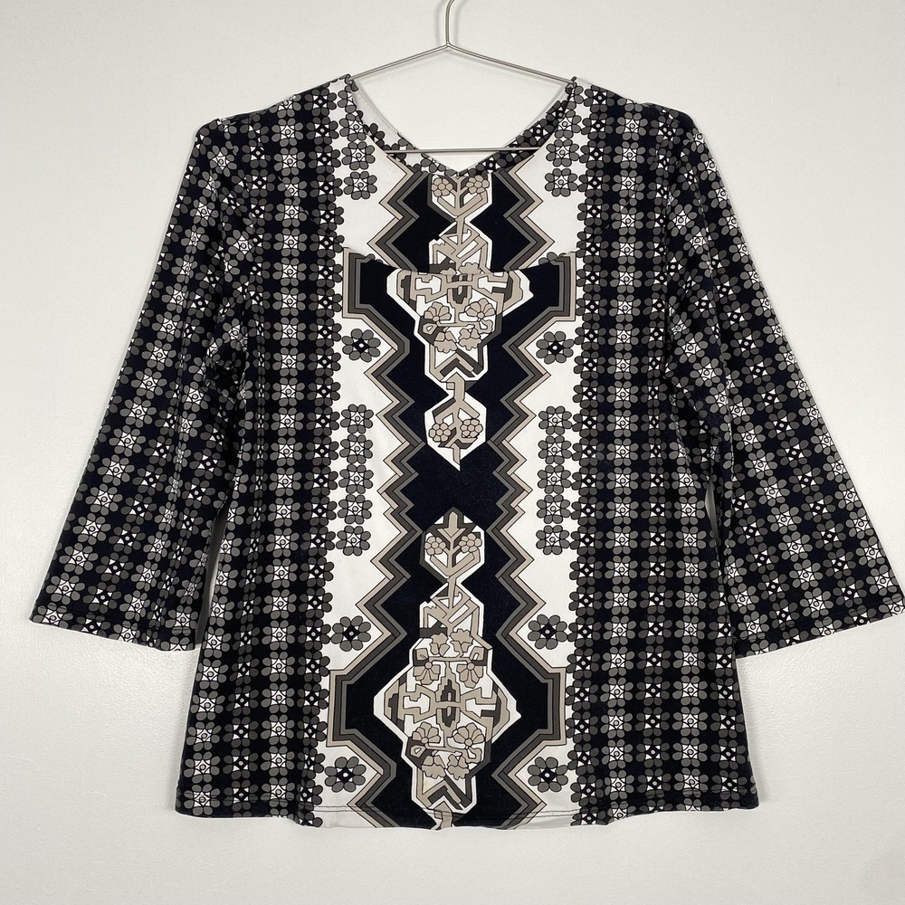 J McLaughlin Top Womens Large Black Geometric 3/4 Sleeve V Neck Catalina Cloth